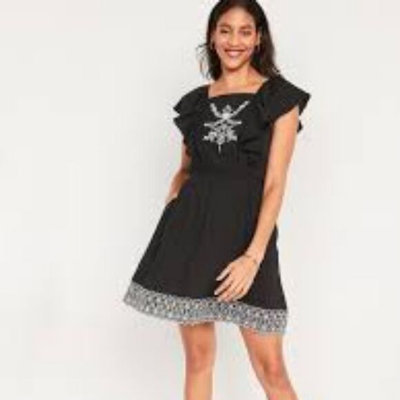 Old Navy -716 NWT Black Waist-Defined Flutter-Sleeve Tie-Back Mini Dress Small‎ - Picture 1 of 12